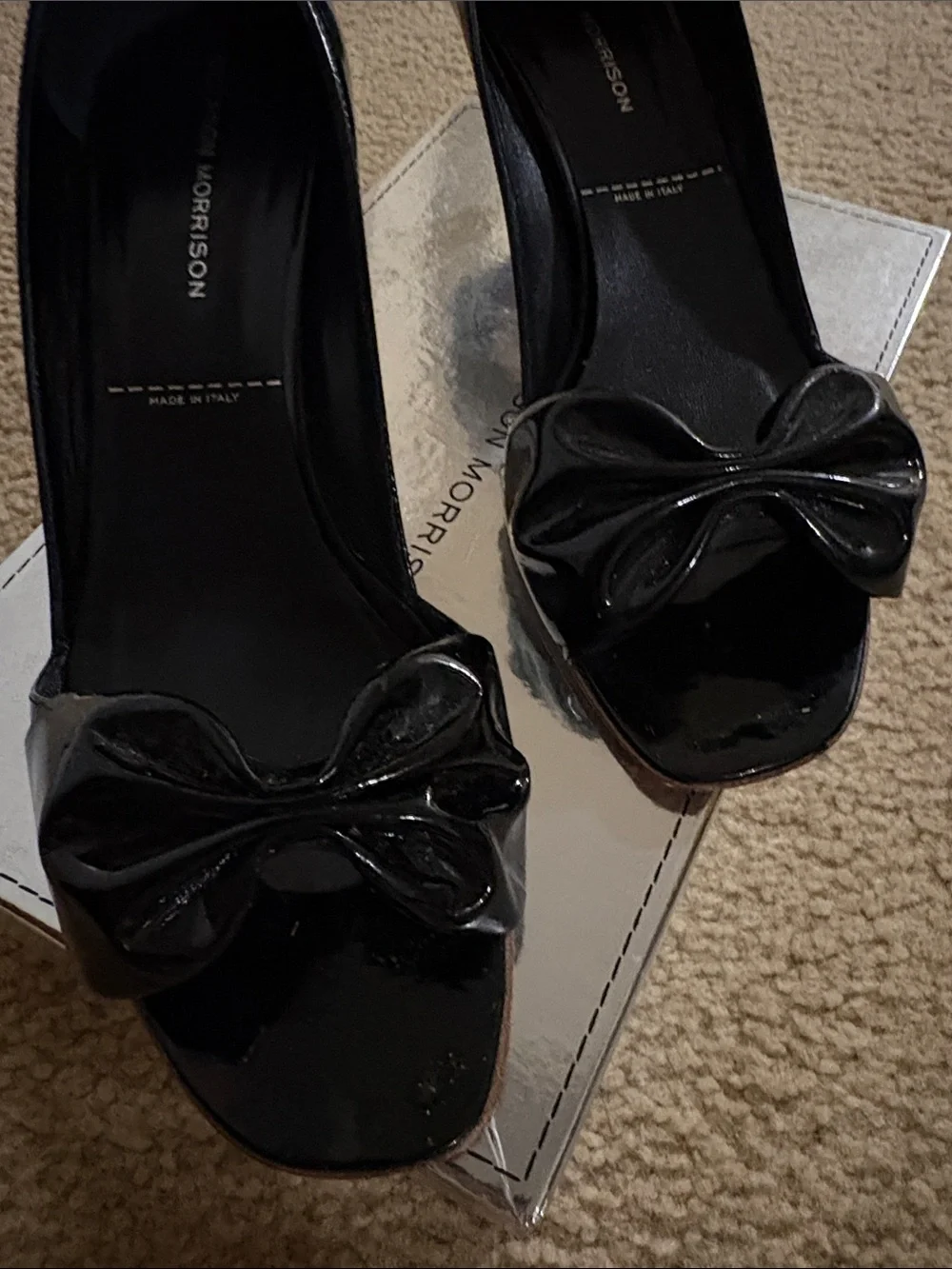 Sigerson Morrison Black Patent Bow Peep Toe Heels